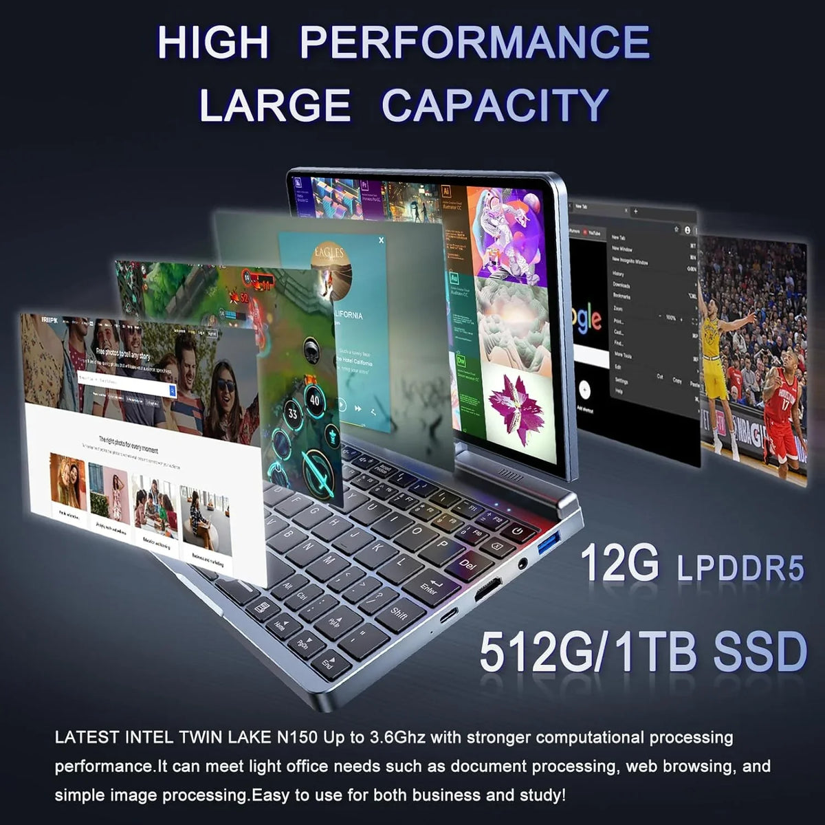 Mini Portátil 8" 2 en 1 Táctil, Intel N150, 12 GB RAM, 1 TB SSD, Windows 11, Wi-Fi 6
