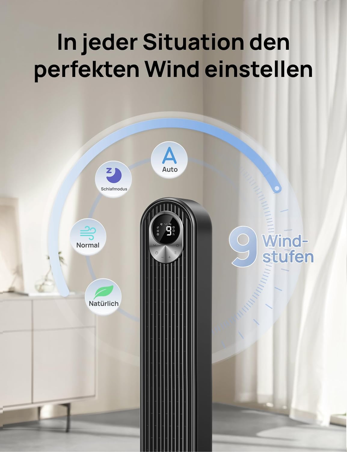 DREO Ventilador de Torre Silencioso Motor DC, 9 Velocidades, 4 Modos, Oscilación 90°, Mando