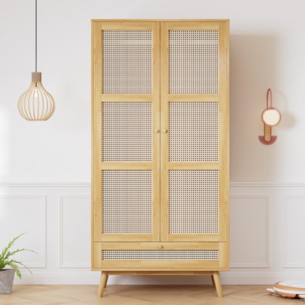 Soweiz Armario de 2 Puertas con Barra y Ratán PE, Natural, para Dormitorio o Salón