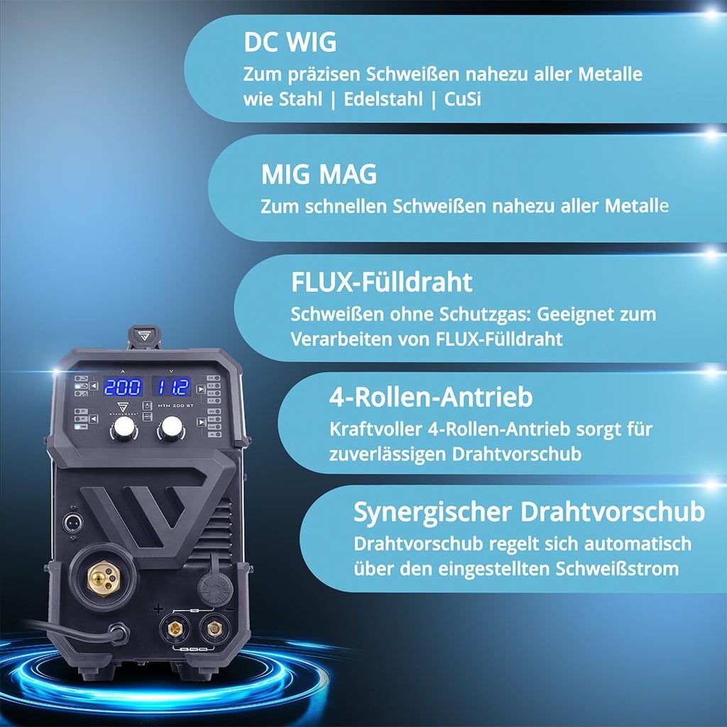 STAHLWERK MTM-200 ST Soldador 3 en 1 TIG, MIG/MAG y MMA hasta 200 A, Arrastre de 4 Rodillos