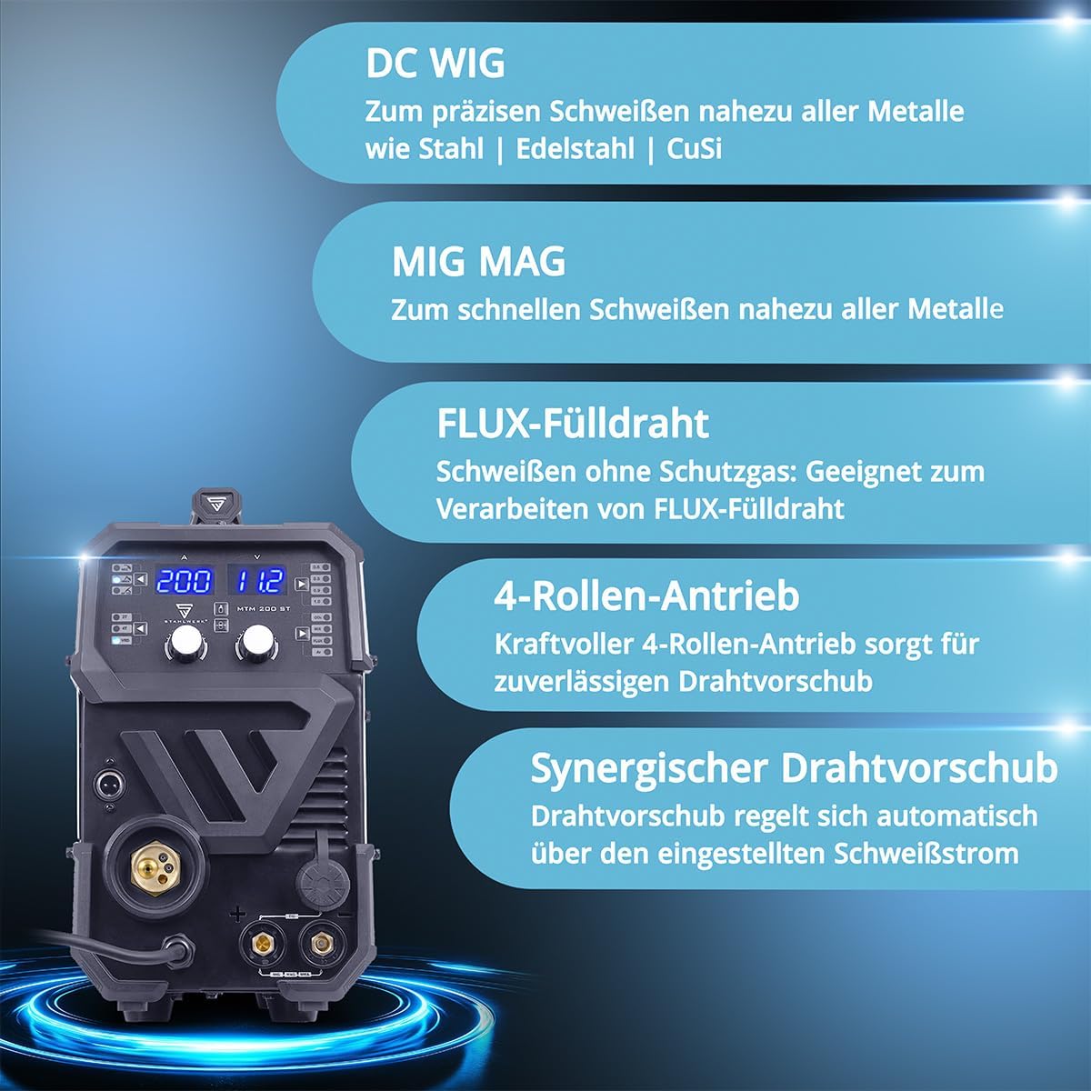 STAHLWERK MTM-200 ST Soldador 3 en 1 TIG, MIG/MAG y MMA hasta 200 A, Arrastre de 4 Rodillos