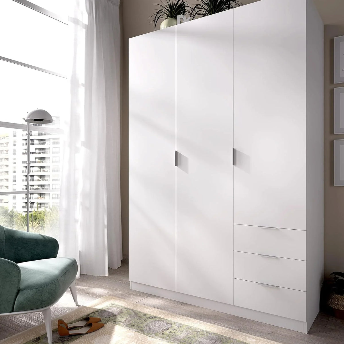 DEKIT Grupo Rimobel Armario Ropero 3 Puertas y 3 Cajones Blanco 121 x 184 x 52 cm