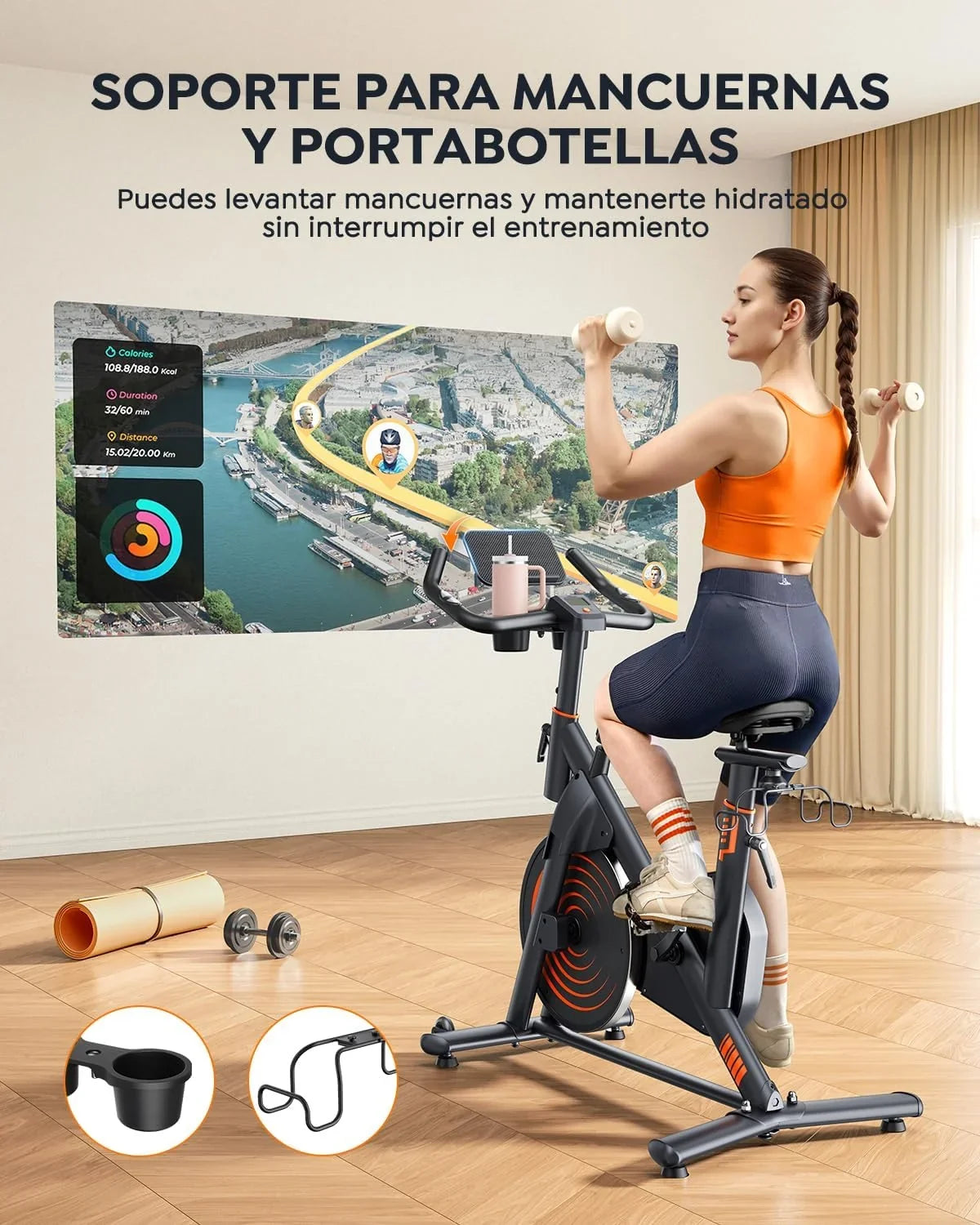 Bicicleta Estática para Casa con App, Resistencia Magnética 0-100%, Pantalla LED, hasta 160 kg