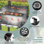 COSTWAY Barbacoa de Carbón XXL 128 x 54 x 117 cm con Tapa, Termómetro, Mesas Plegables y Ruedas