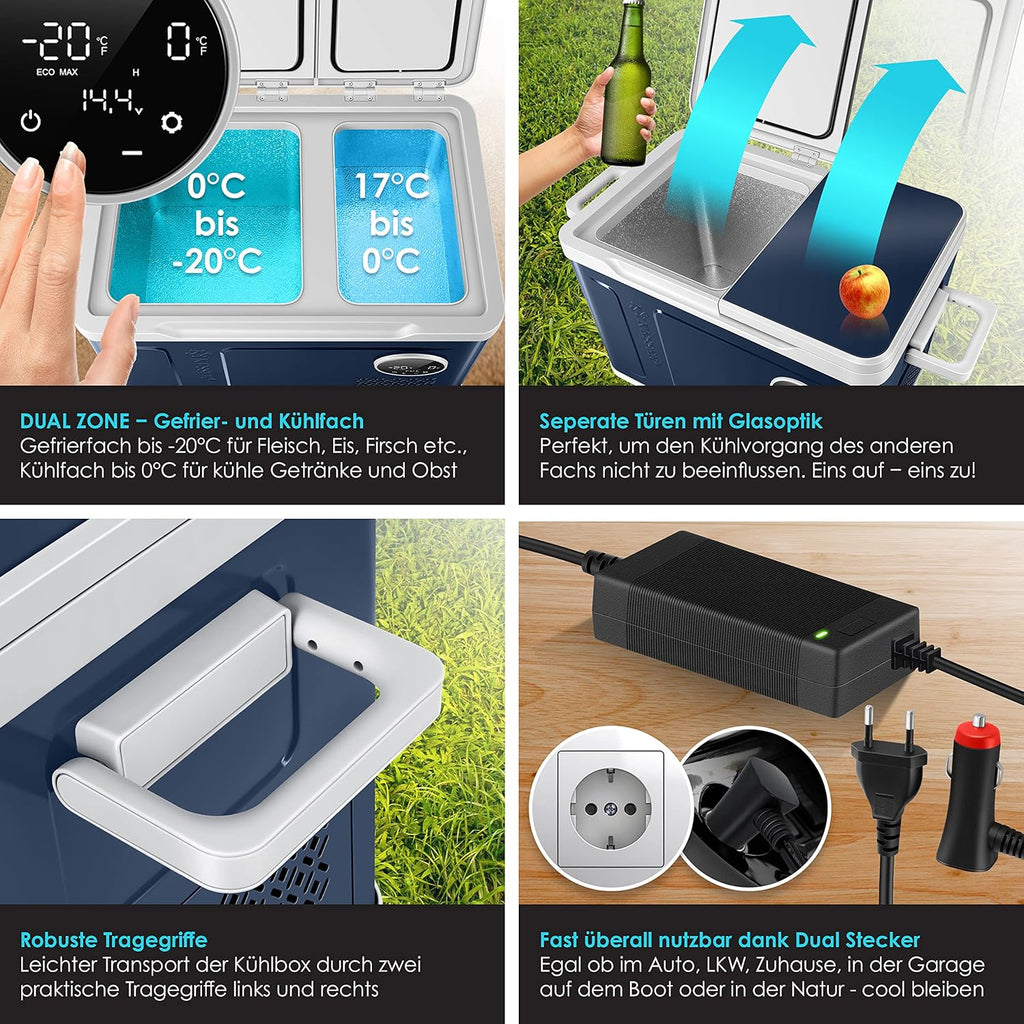 KESSER Nevera Portátil de Compresor Doble Zona hasta -20 °C con Pantalla Táctil, 12/24 V y 230 V