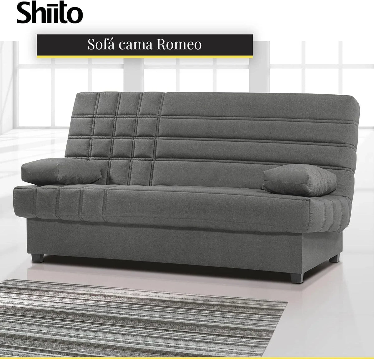 SHIITO Romeo Sofá Cama 3 Plazas Clic-Clac con Arcón y 2 Cojines, Gris Oscuro