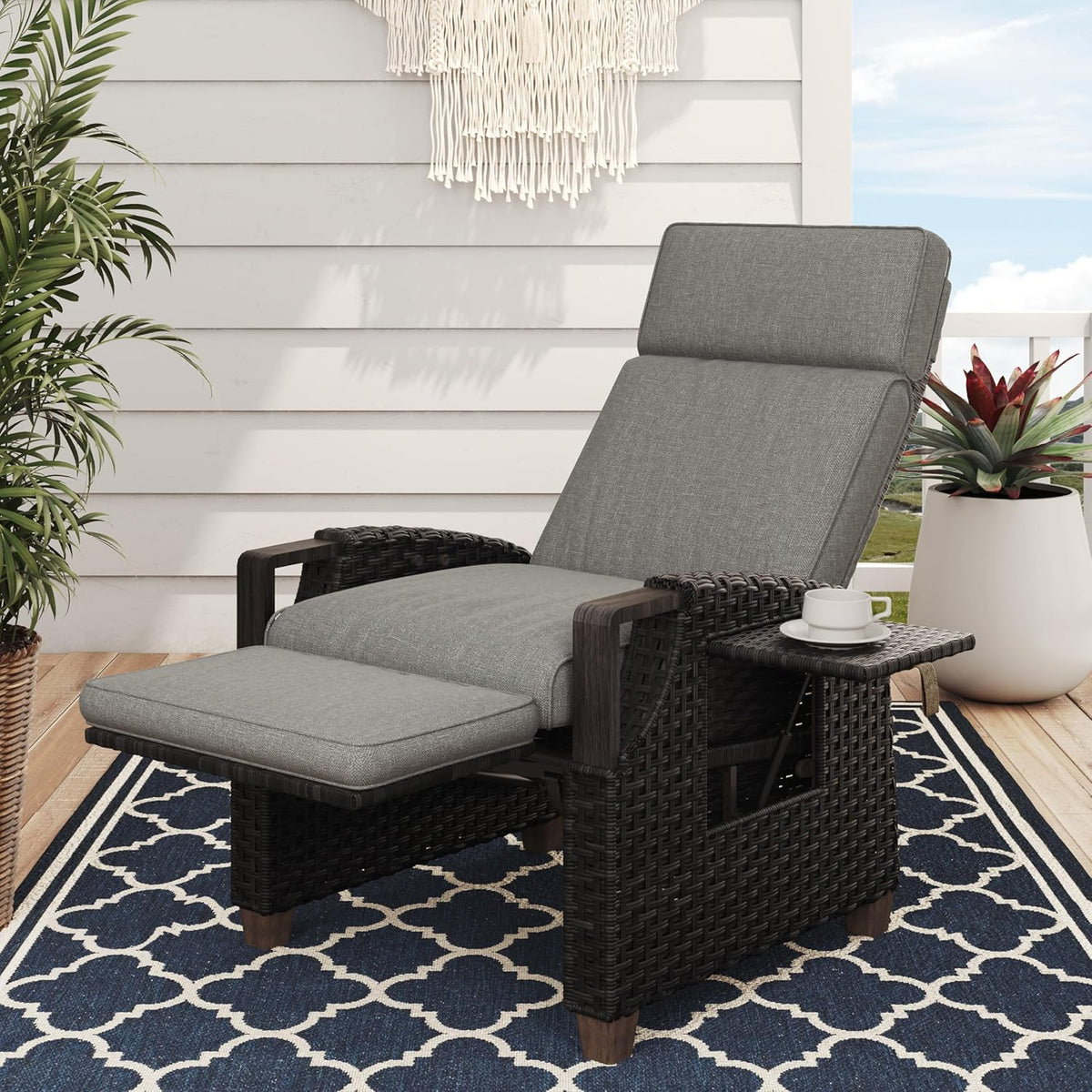 Grand Patio Sillón Reclinable de Ratán con Cojines para Interior y Exterior, Gris Oscuro