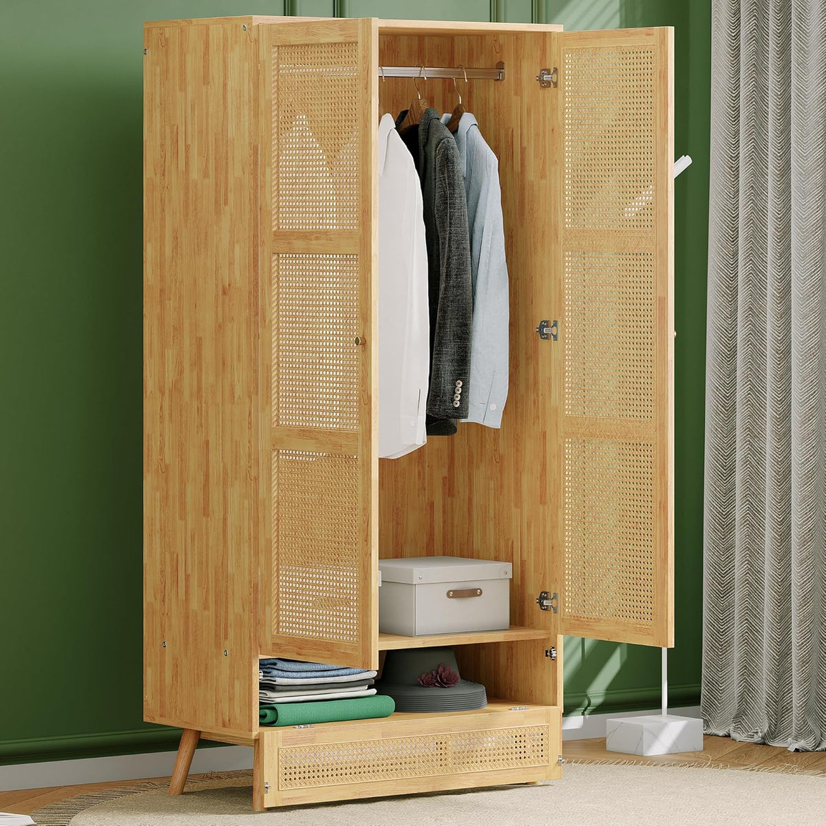 Soweiz Armario de 2 Puertas con Barra y Ratán PE, Natural, para Dormitorio o Salón