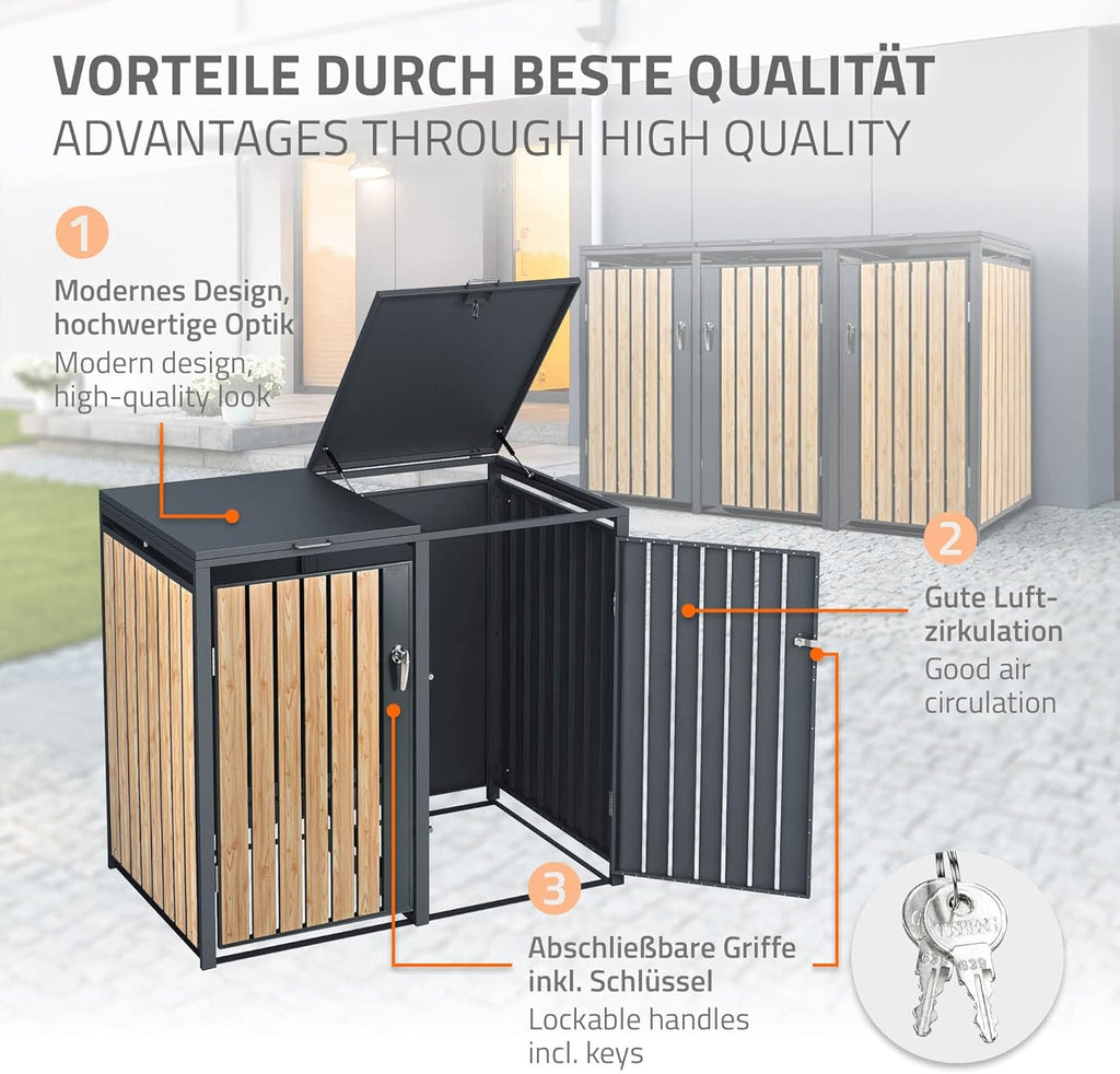 ML-Design Cubre Contenedores Triple 3 x 240 L en Acero, Antracita Efecto Madera, con Cerradura