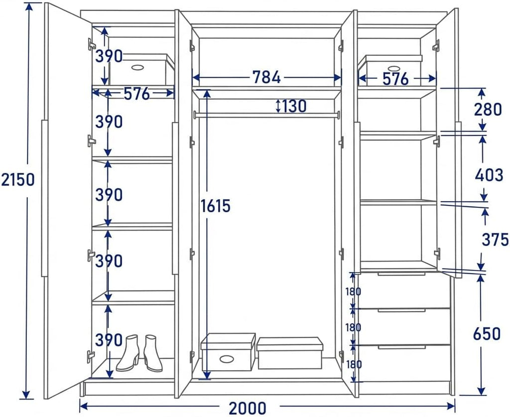 A&J MöbelLand VIVO Armario 4 Puertas con Espejo y Cajones 200 x 215 cm, Blanco