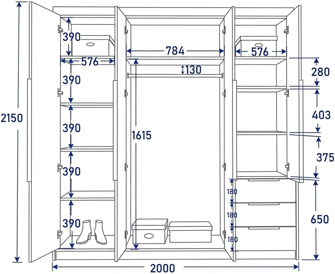 A&J MöbelLand VIVO Armario 4 Puertas con Espejo y Cajones 200 x 215 cm, Blanco