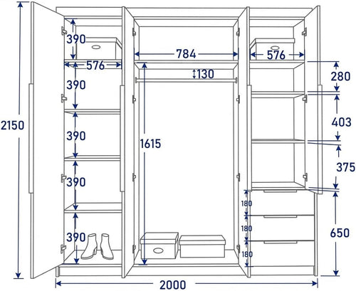 A&J MöbelLand VIVO Armario 4 Puertas con Espejo y Cajones 200 x 215 cm, Blanco