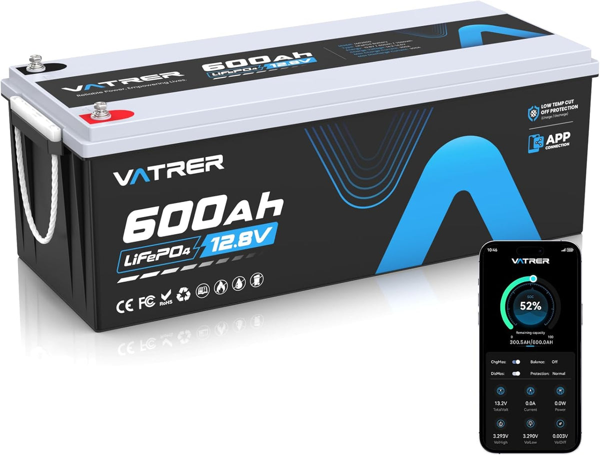 Batería de Litio LiFePO4 12 V 600 Ah con App, BMS 300 A y 3840 W para Autocaravana y Solar