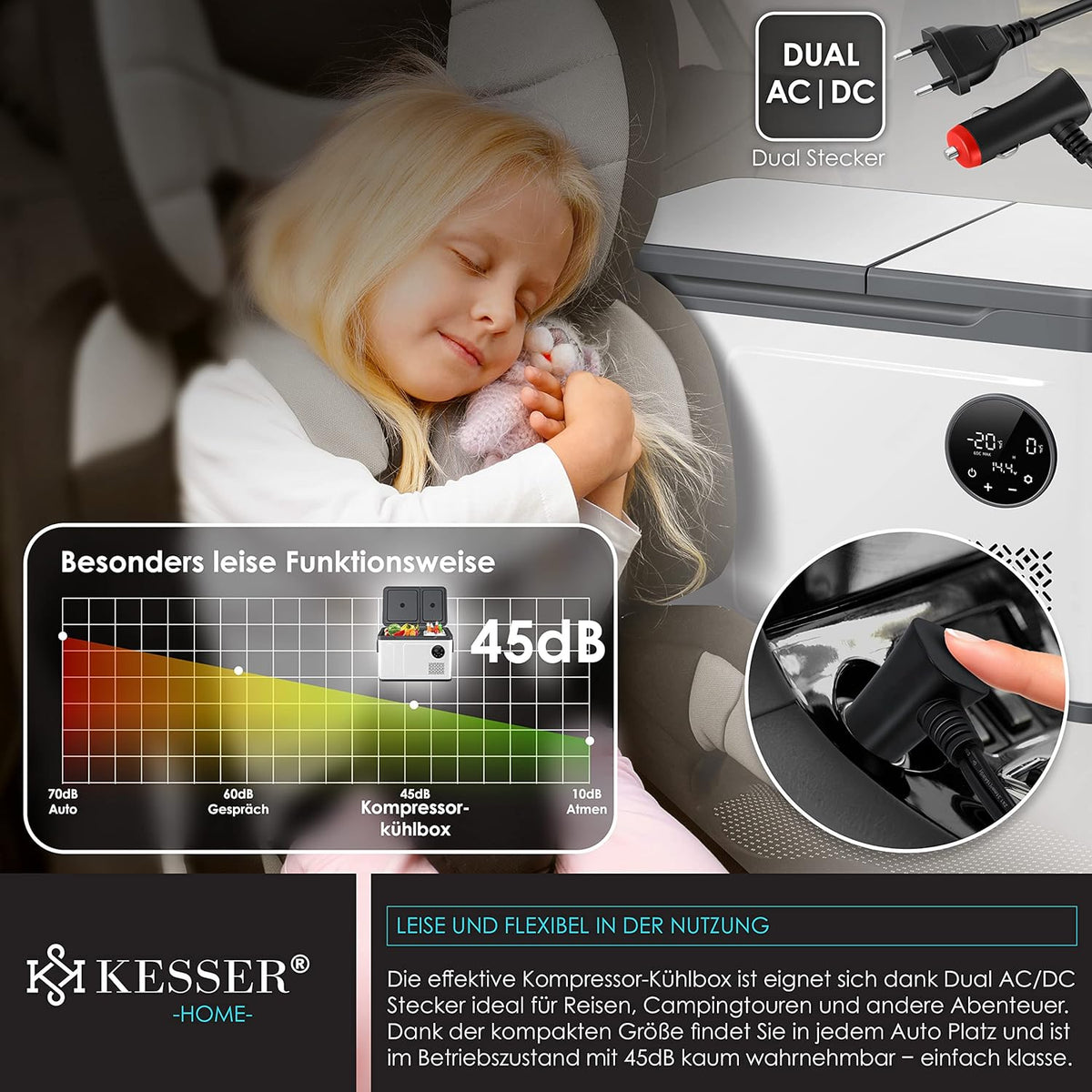 KESSER Nevera Portátil de Compresor Doble Zona hasta -20 °C con Pantalla Táctil, 12/24 V y 230 V