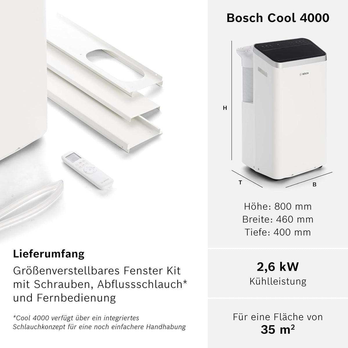 Bosch Cool Aire Acondicionado Portátil 3 en 1 con Modos Auto, Silencio y Noche
