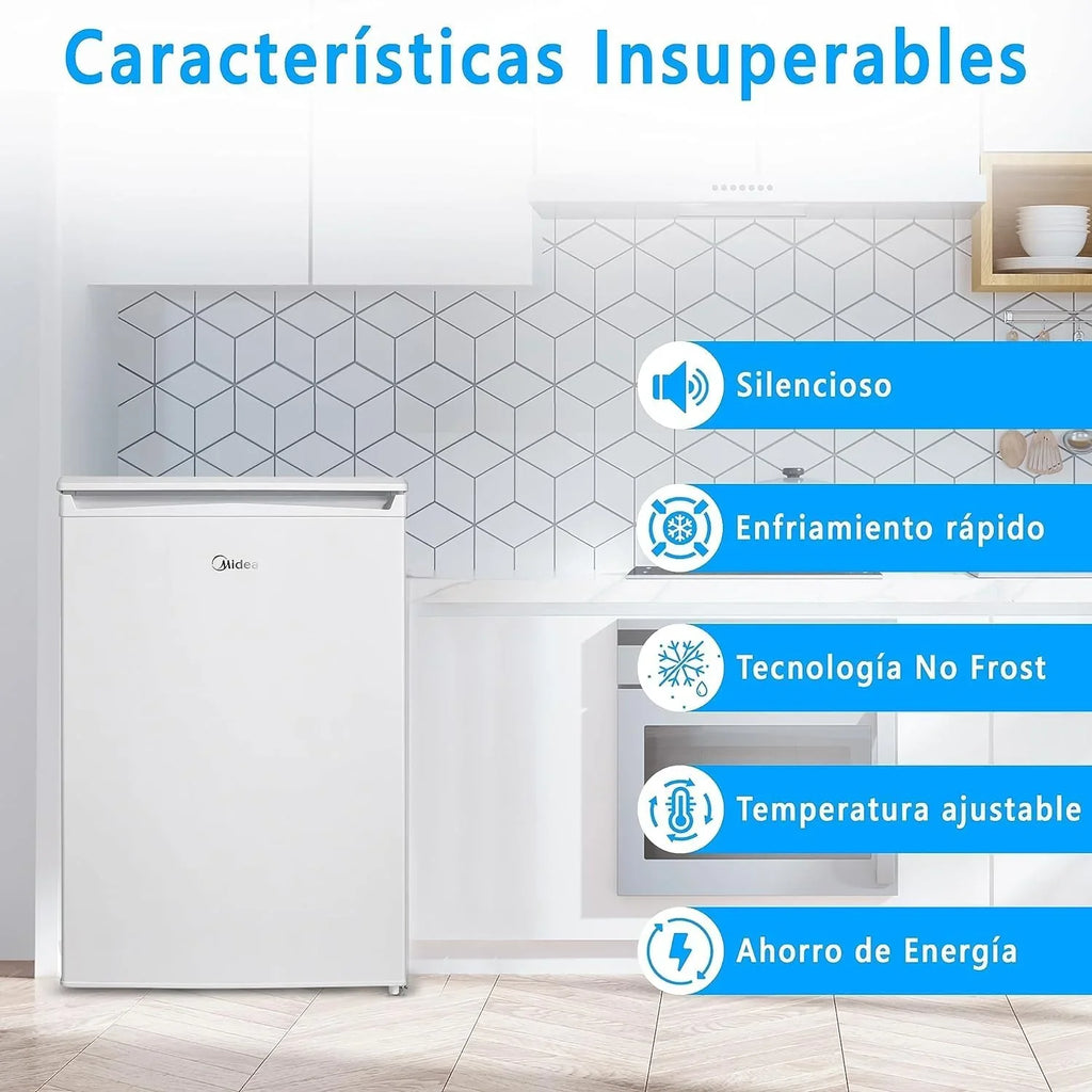 Midea MDRD168FGE01 Mini Frigorífico 113 L con Congelador, Bajo Encimera, Silencioso 39 dB, Blanco