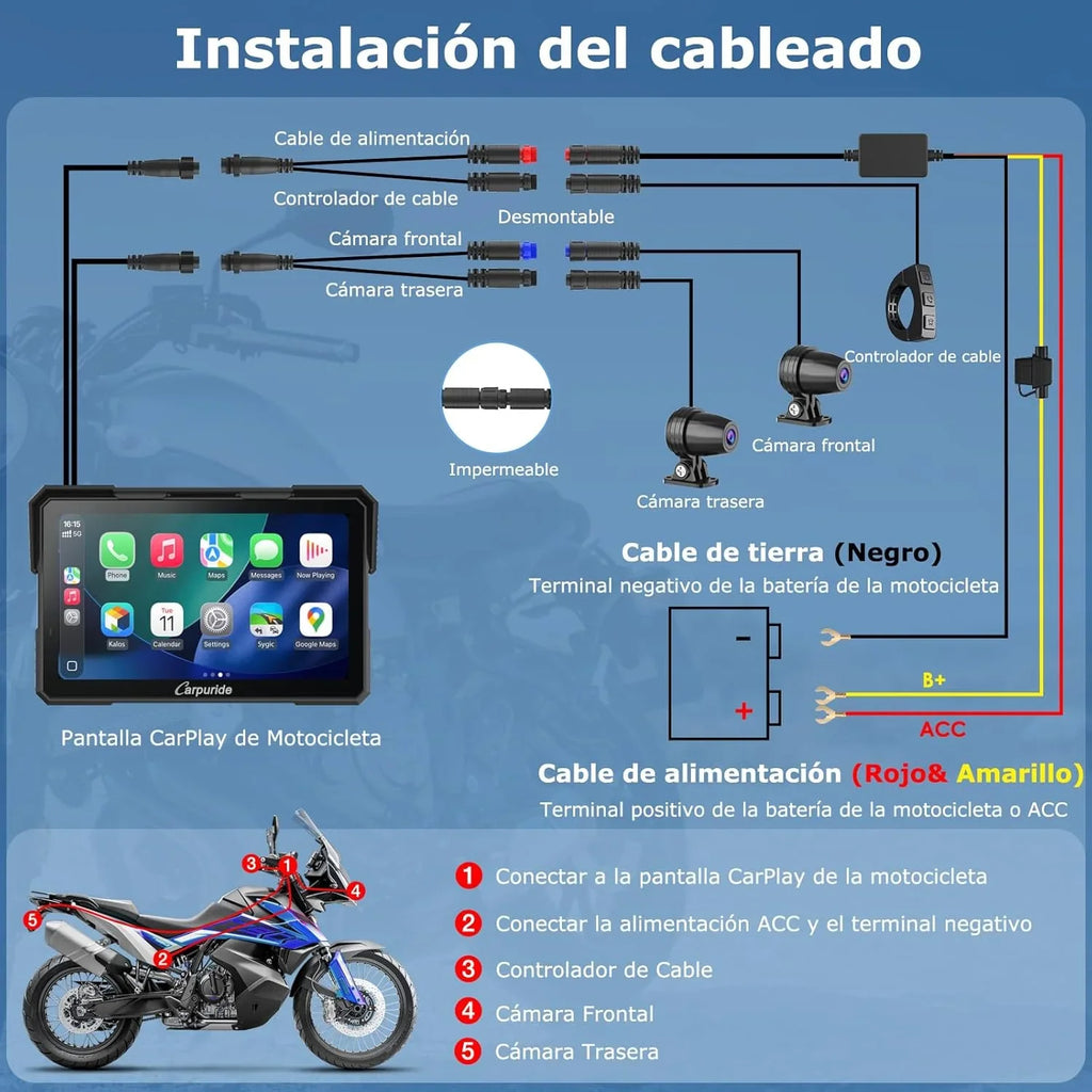 Carpuride W702 Plus Pantalla CarPlay para Moto 7" Android, CarPlay y Android Auto Inalámbricos, Doble Cámara