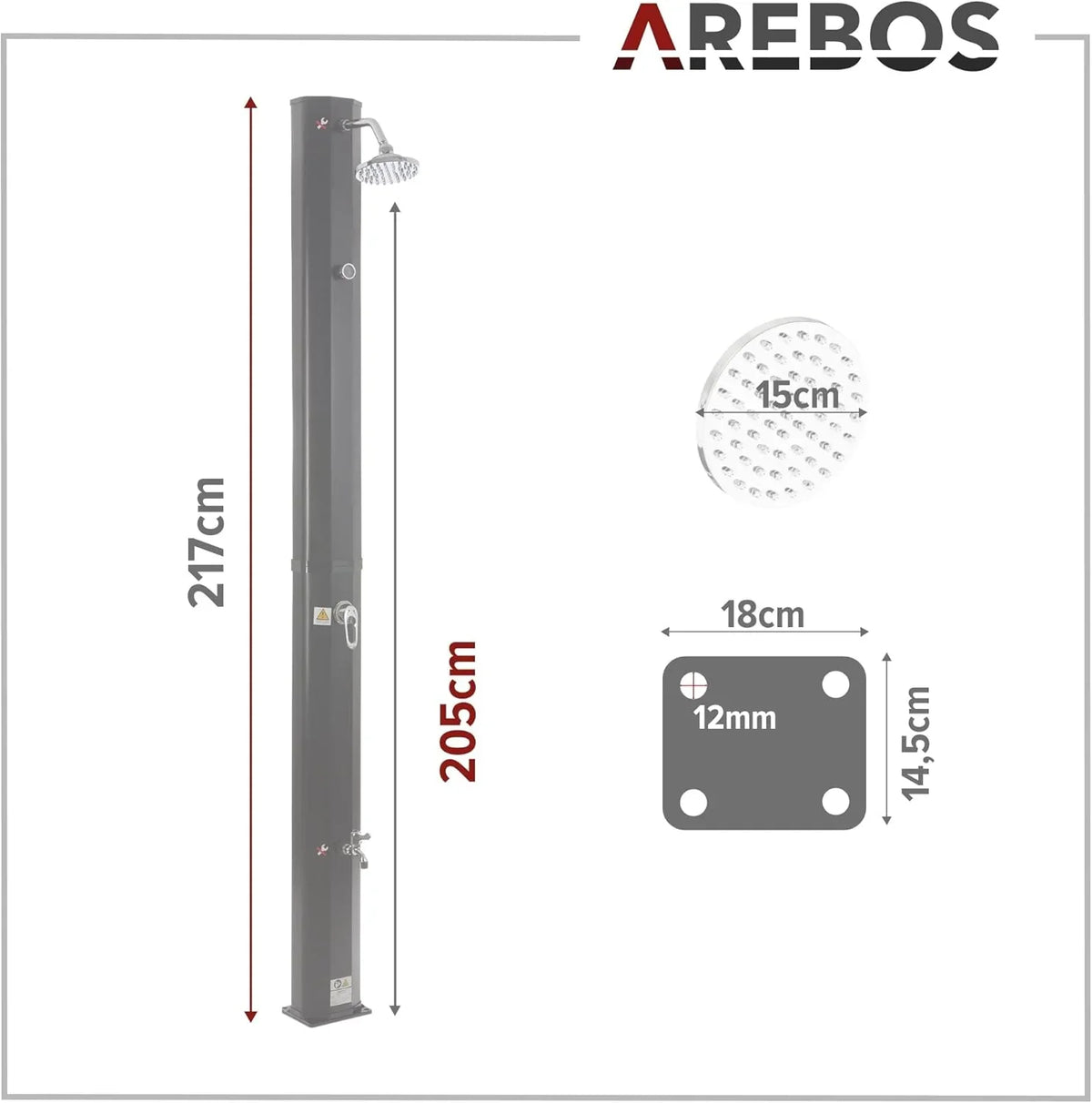 Arebos Ducha Solar 35 L de 216 cm con Termómetro y Lavapiés, Negra