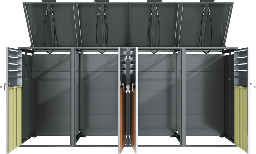 Cubre Contenedores Cuádruple para 4 Cubos de 240 L con Tapa Hidráulica y Cerradura, Gris Efecto Madera