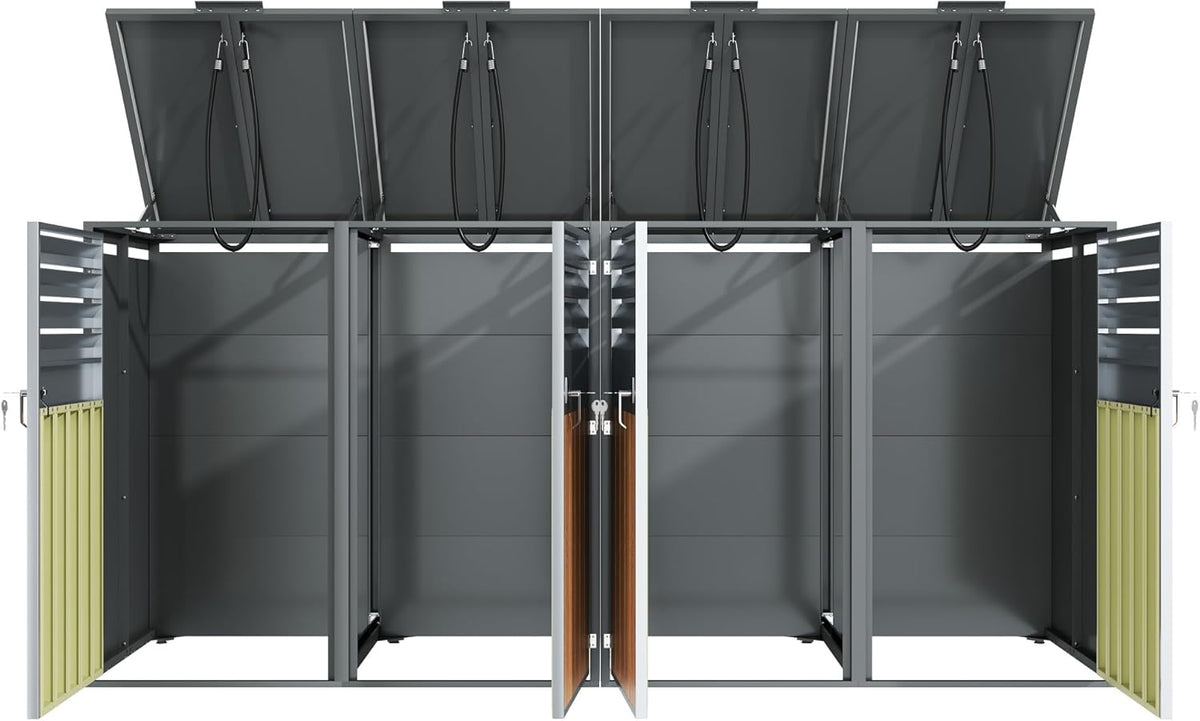 Cubre Contenedores Cuádruple para 4 Cubos de 240 L con Tapa Hidráulica y Cerradura, Gris Efecto Madera