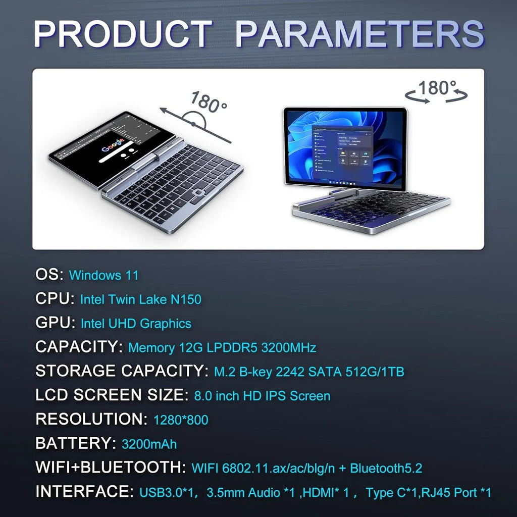 Mini Portátil 8" 2 en 1 Táctil, Intel N150, 12 GB RAM, 1 TB SSD, Windows 11, Wi-Fi 6