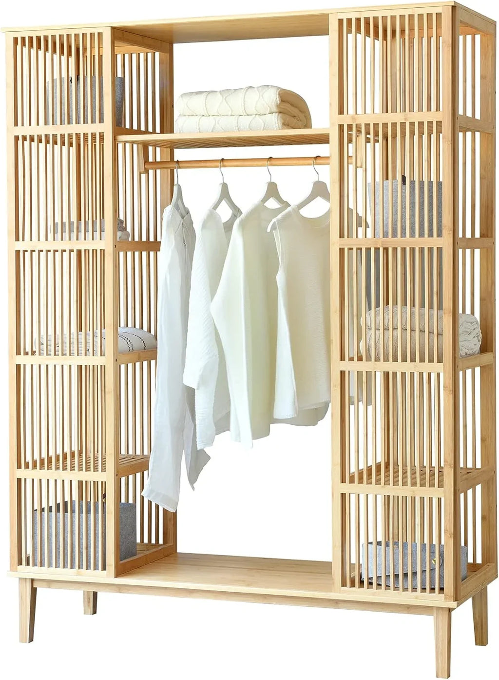 [en.casa] Armario de Bambú con 2 Puertas Correderas, 12 Estantes y Barra 185 x 140 x 45 cm Natural