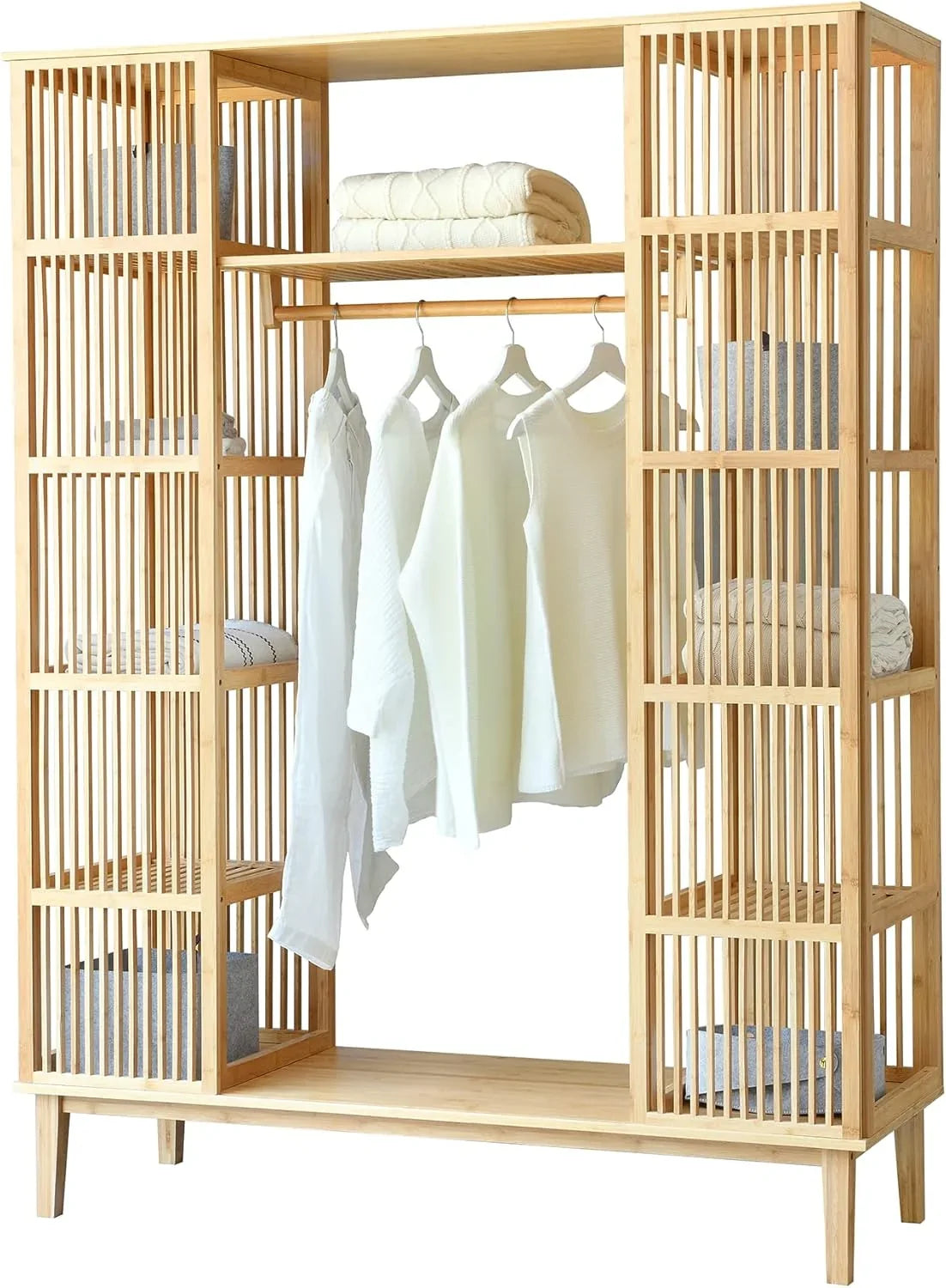 [en.casa] Armario de Bambú con 2 Puertas Correderas, 12 Estantes y Barra 185 x 140 x 45 cm Natural