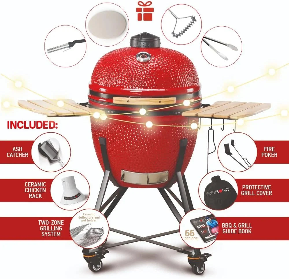 Kamado BONO Barbacoa Kamado Grande XXL Ø 59 cm Cerámica Roja con Accesorios y Ruedas