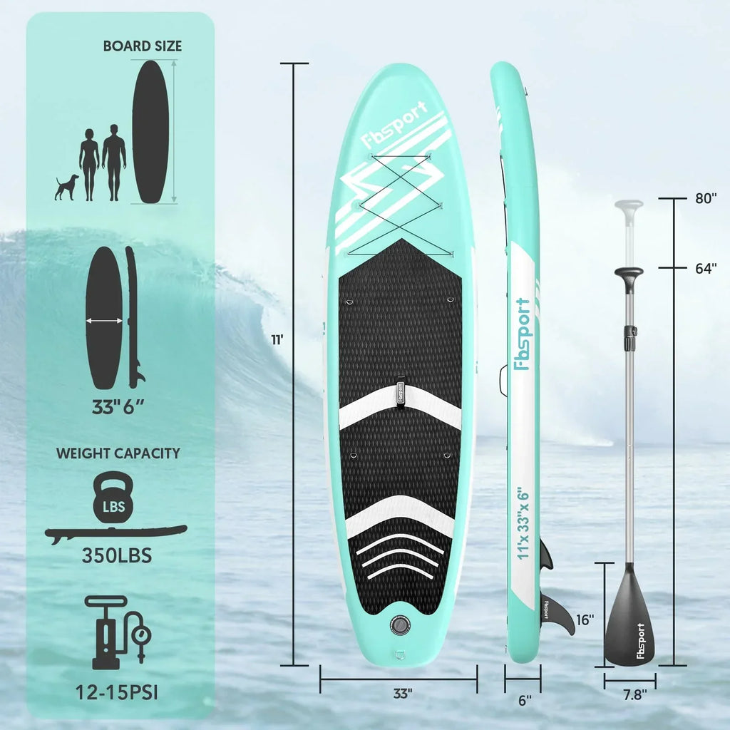 FBSPORT Tabla de Paddle Surf Hinchable 15 cm de Grosor con Remo de Aluminio y Bomba, Verde