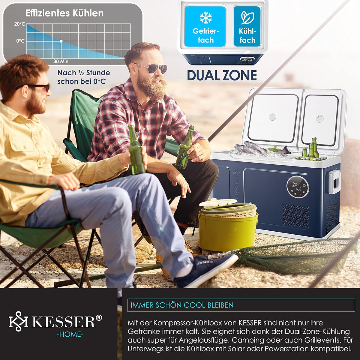 KESSER Nevera Portátil de Compresor Doble Zona hasta -20 °C con Pantalla Táctil, 12/24 V y 230 V