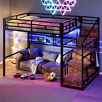 Cama Alta 140 x 200 cm de Metal Negra con Armario, Escalera de Almacenaje y Luces LED