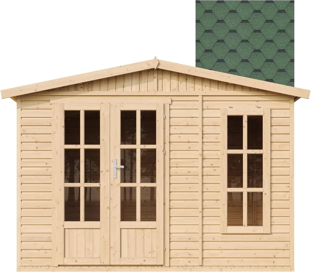 TIMBELA M334FB Caseta de Jardín de Madera 6 m² con Suelo, Ventana y Puerta Doble, Tejas Verdes