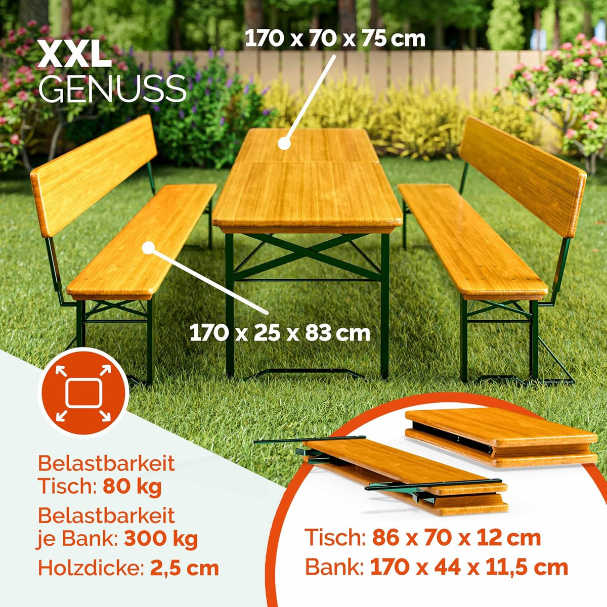 Casaria Conjunto de Mesa y Bancos Plegables con Respaldo 170 cm para 8 Personas, Madera