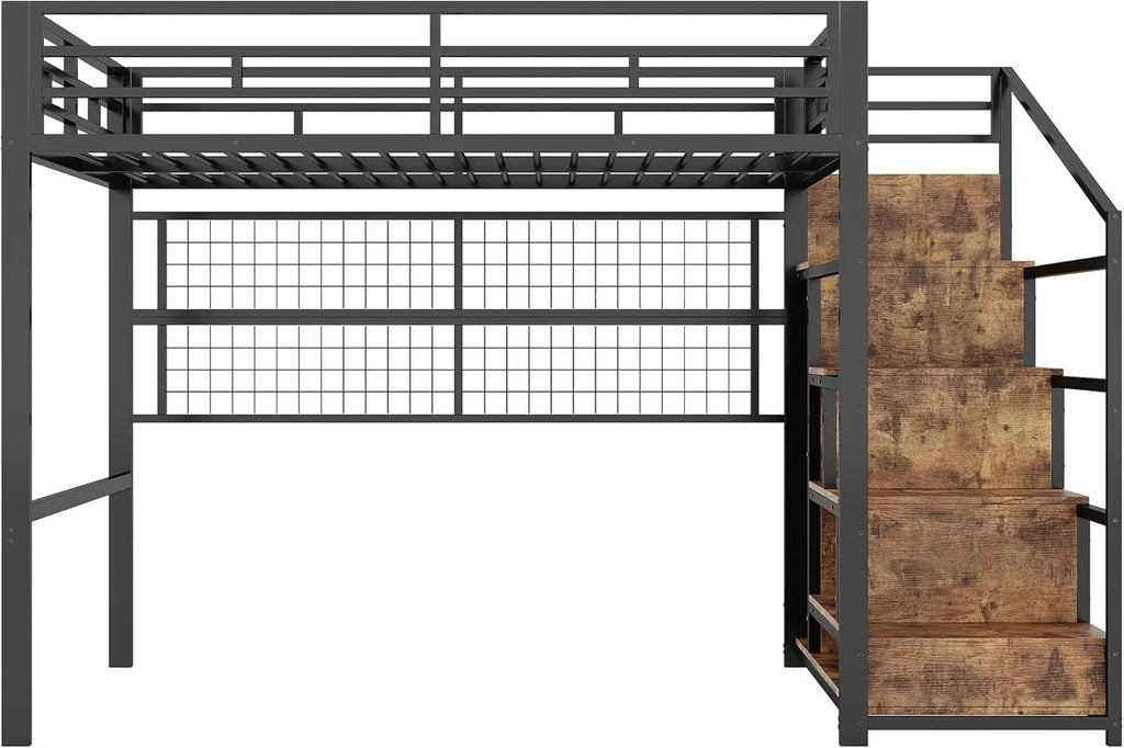 Cama Alta 140 x 200 cm de Metal Negra con Armario, Escalera de Almacenaje y Luces LED