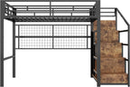Cama Alta 140 x 200 cm de Metal Negra con Armario, Escalera de Almacenaje y Luces LED