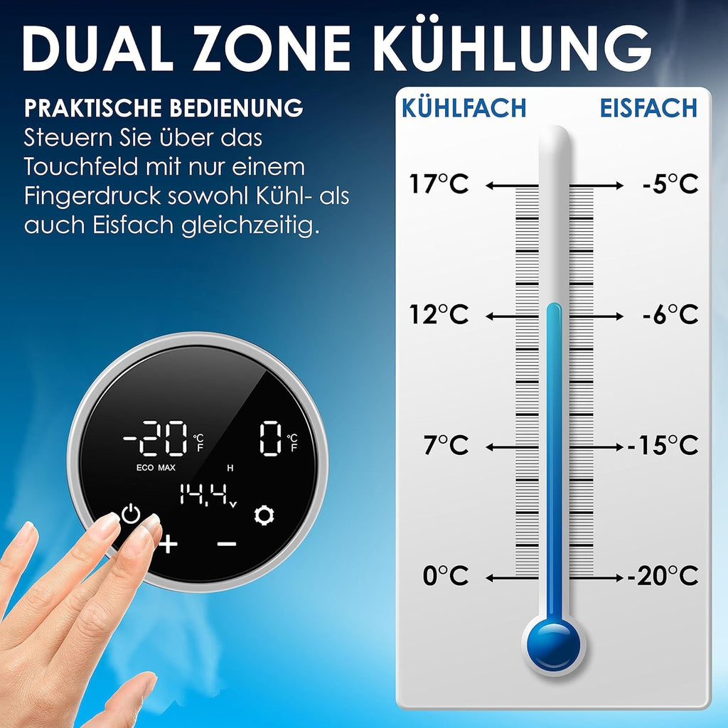 KESSER Nevera Portátil de Compresor Doble Zona hasta -20 °C con Pantalla Táctil, 12/24 V y 230 V