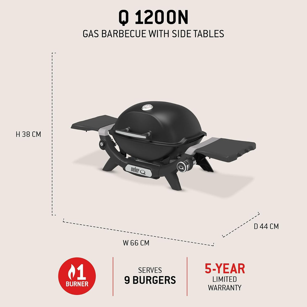 Weber Q 1200N Barbacoa de Gas Portátil con Mesas Laterales y Termómetro, Negro Medianoche