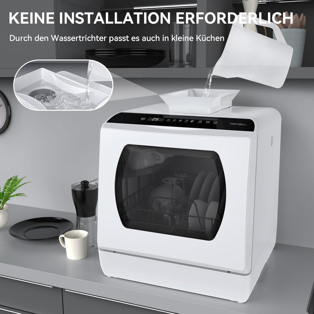 Hermitlux Mini Lavavajillas de Sobremesa para 4 Cubiertos con Depósito de 5 L, Blanco