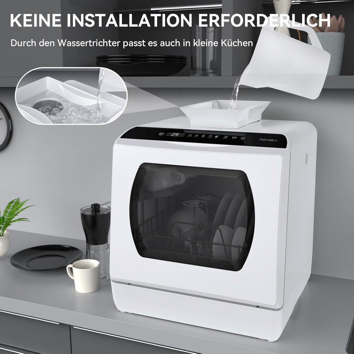 Hermitlux Mini Lavavajillas de Sobremesa para 4 Cubiertos con Depósito de 5 L, Blanco