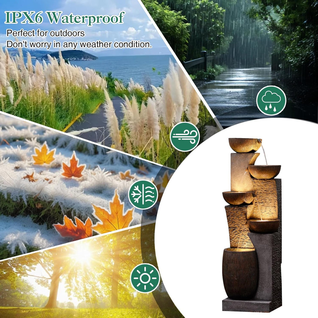 Bumilgar Fuente de Jardín Grande con Cascada de 5 Niveles y Luz LED, 134 cm