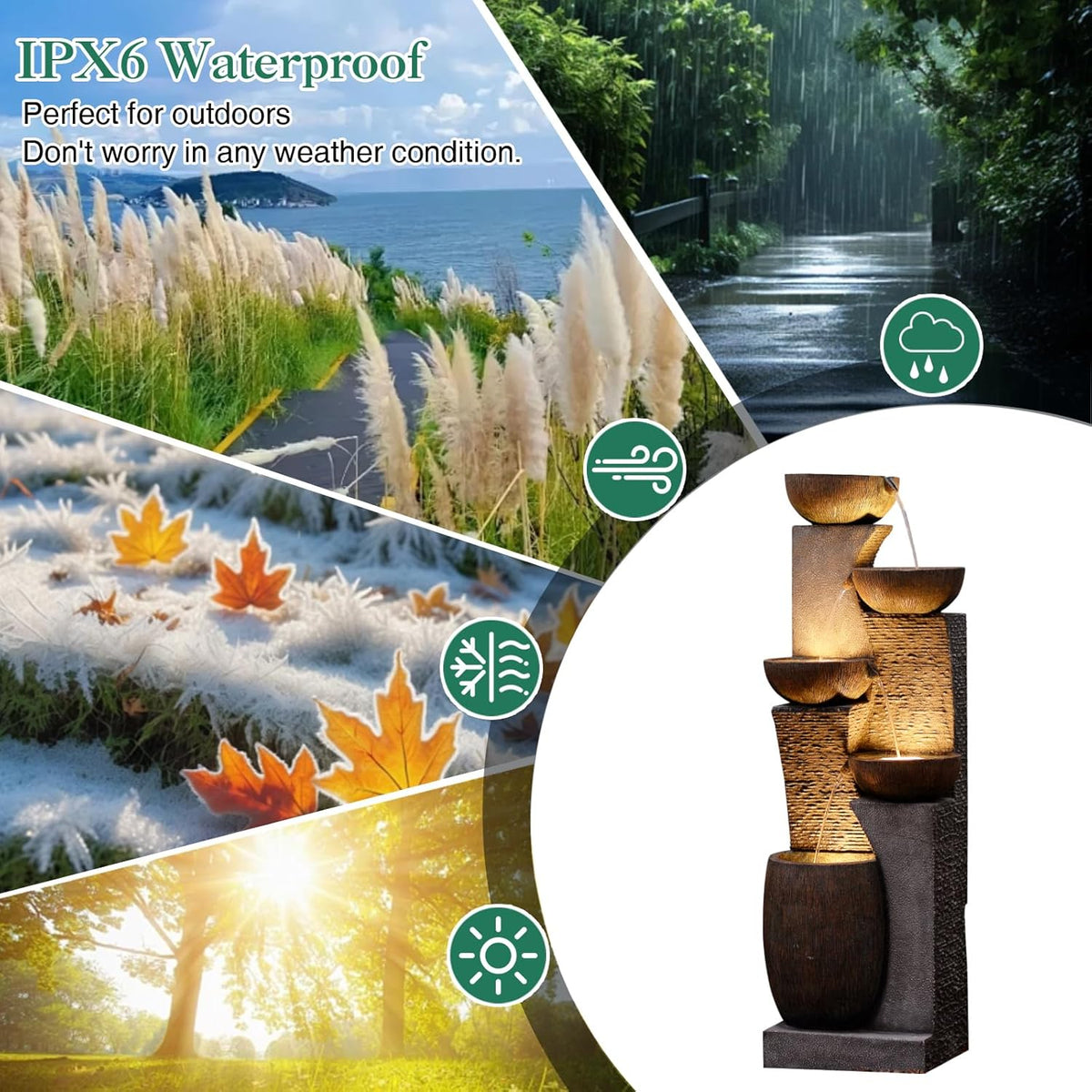 Bumilgar Fuente de Jardín Grande con Cascada de 5 Niveles y Luz LED, 134 cm