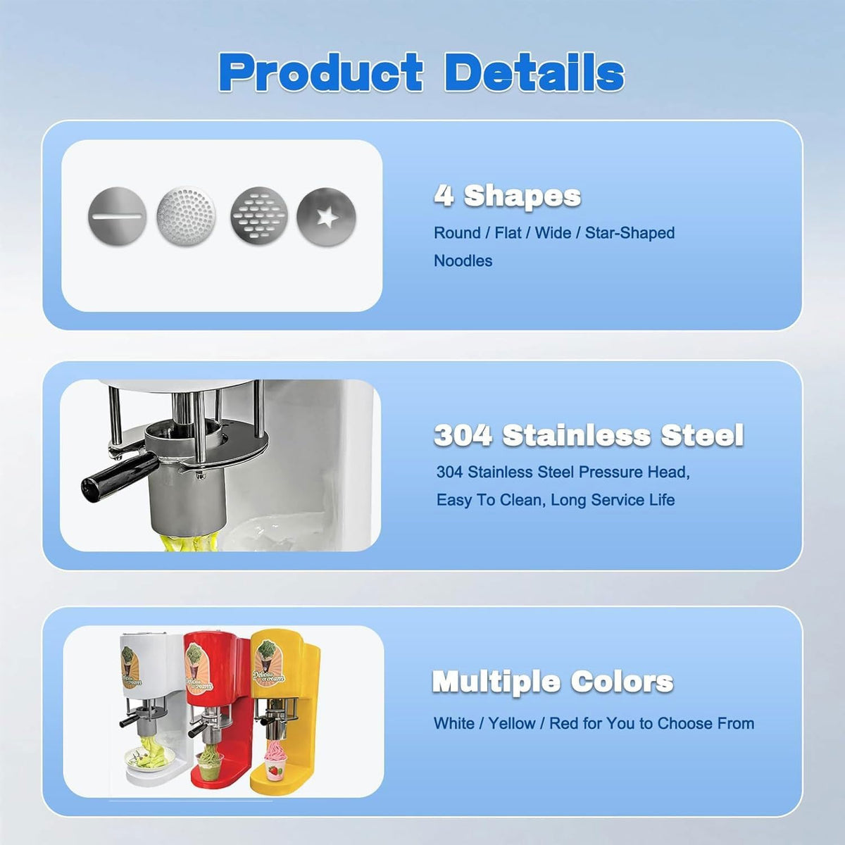 Máquina Comercial de Helado en Forma de Espaguetis 28-30 L/h con 4 Moldes, Roja