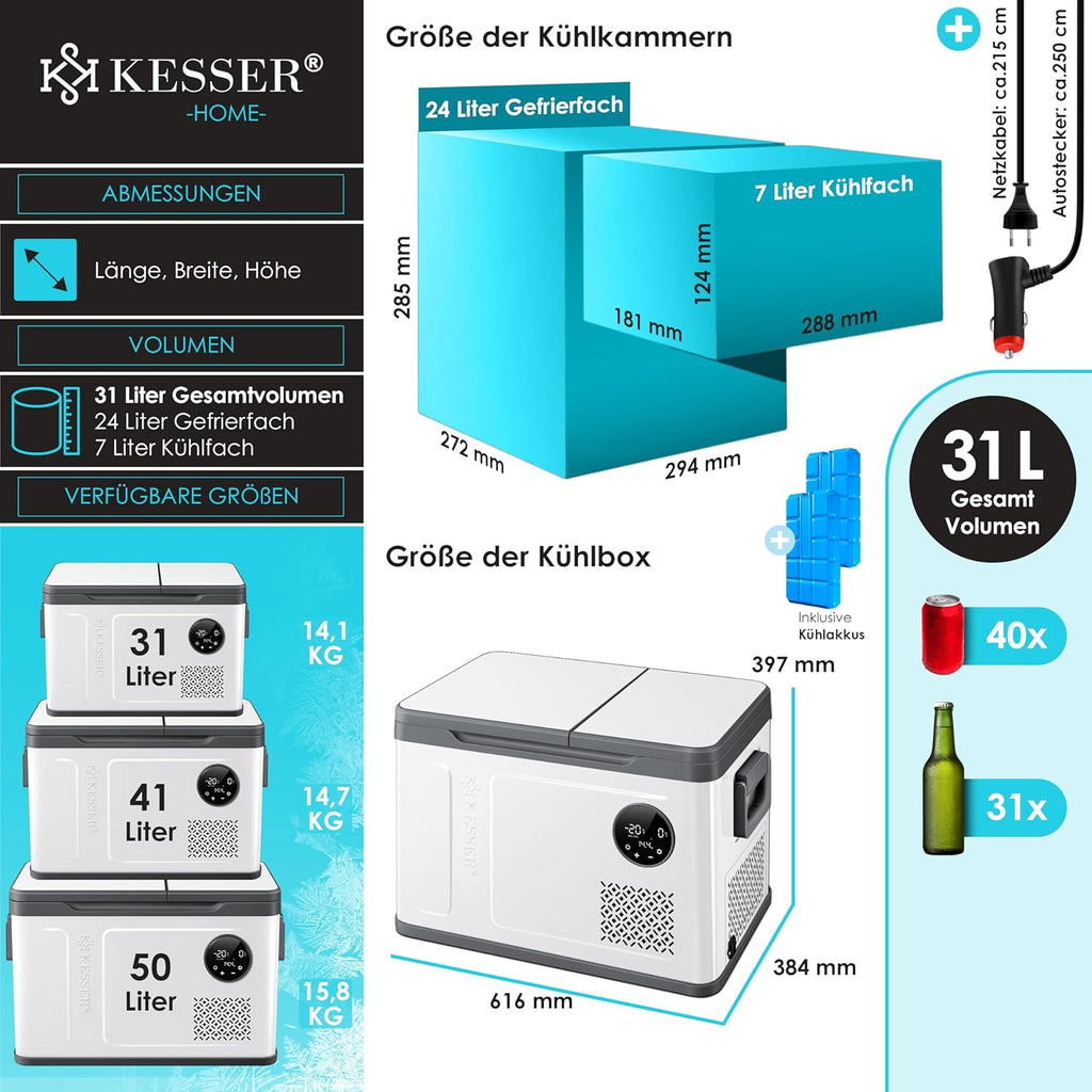 KESSER Nevera Portátil de Compresor Doble Zona hasta -20 °C con Pantalla Táctil, 12/24 V y 230 V