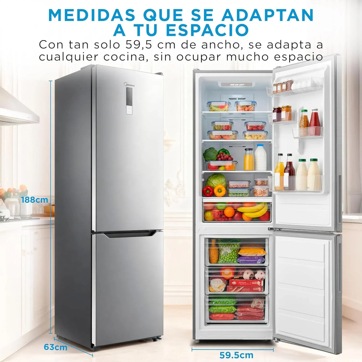 Midea MDRB424FGE02OE Frigorífico Combi No Frost 310 L, 188 x 60 cm, Inox