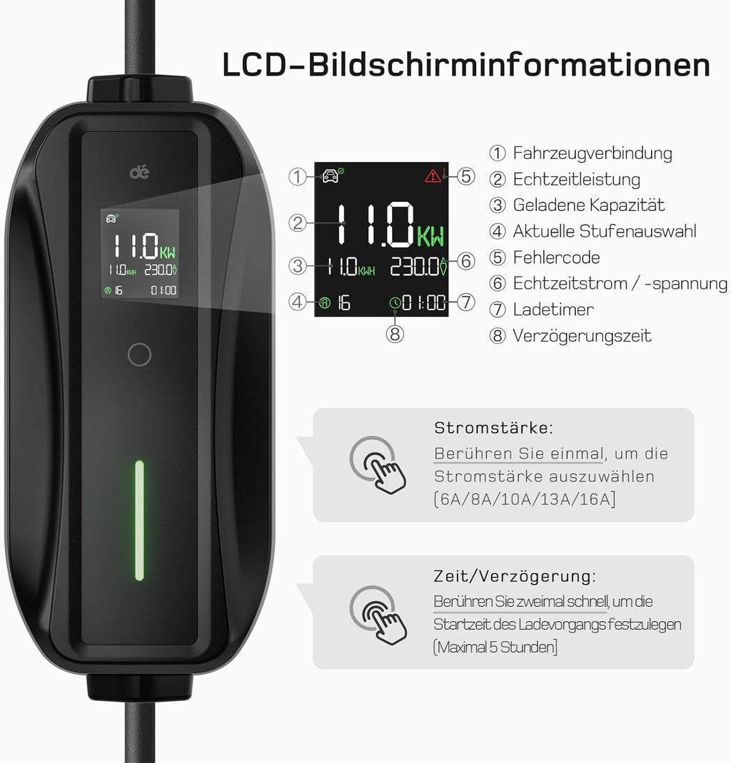 dé Cargador Portátil para Coche Eléctrico 11 kW Trifásico, Cable Tipo 2 de 7 m y Adaptadores