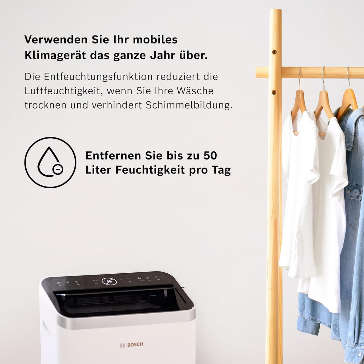 Bosch Cool Aire Acondicionado Portátil 3 en 1 con Modos Auto, Silencio y Noche