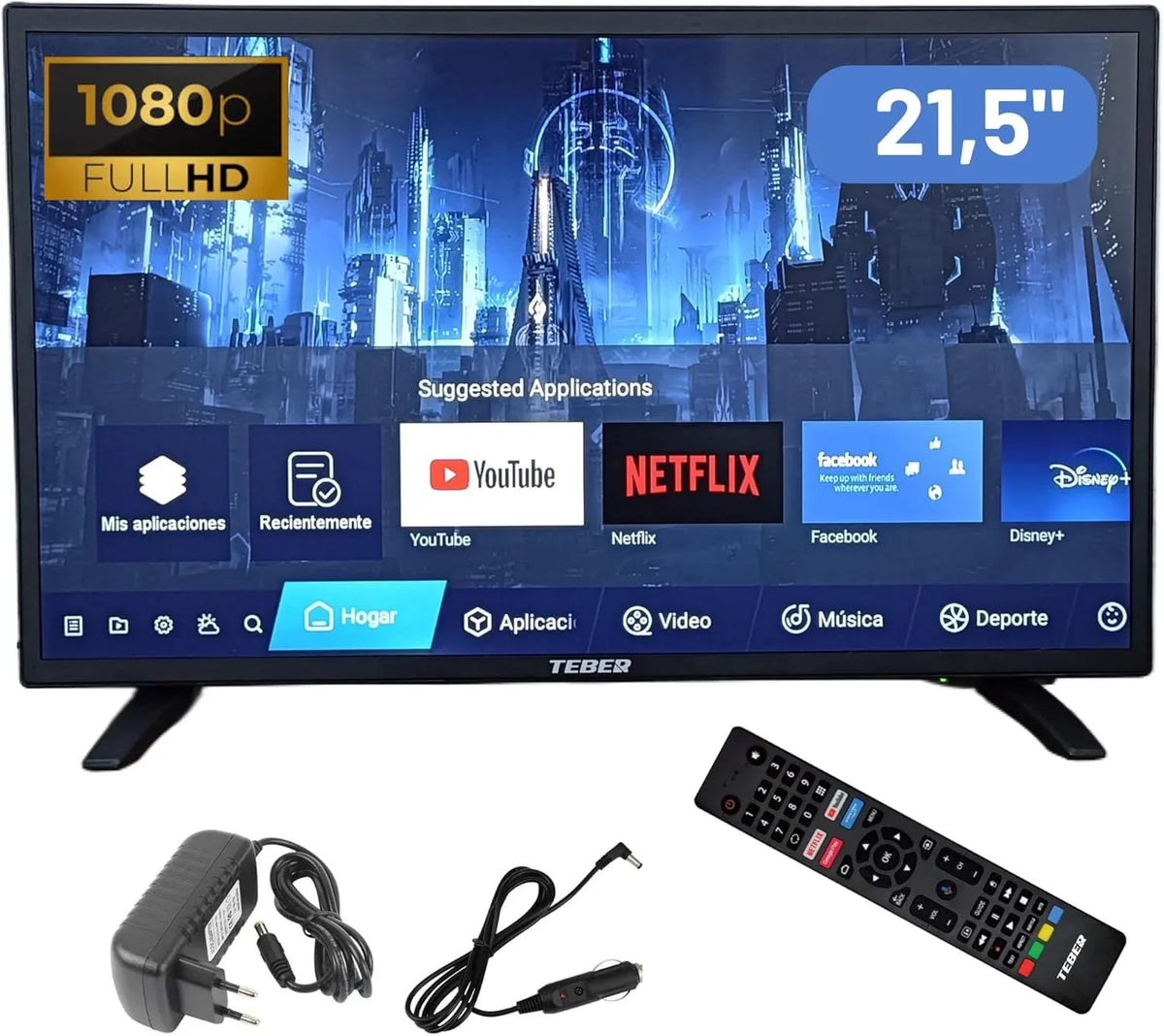 TEBER Smart TV 22" Full HD Android con Alimentación 12 V y 230 V para Autocaravanas, Caravanas y Barcos