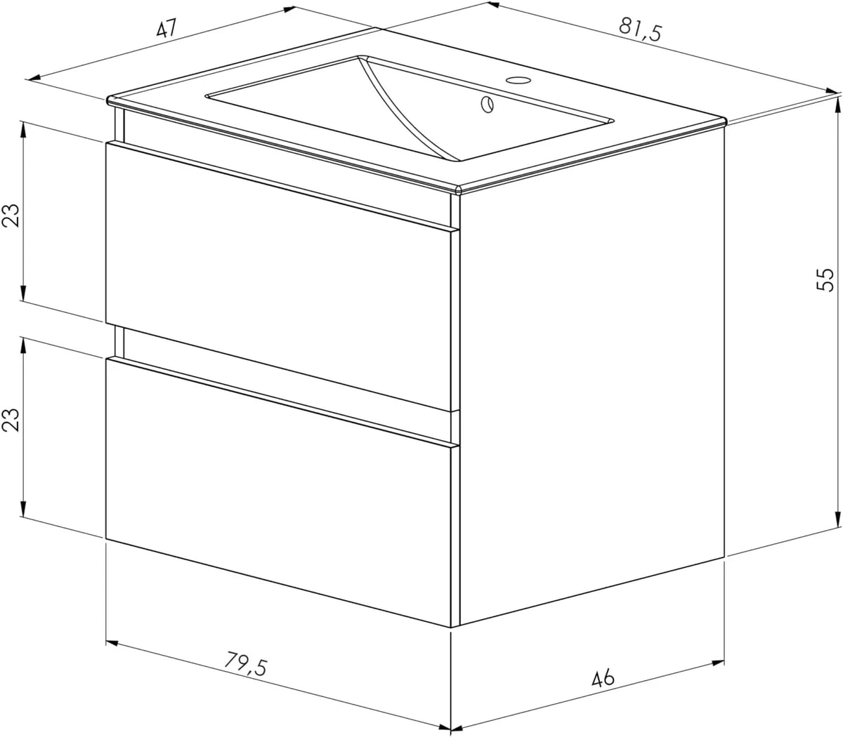 BELLOBATH Mueble de Baño Suspendido 80 cm con Lavabo de Cerámica y 2 Cajones, Roble
