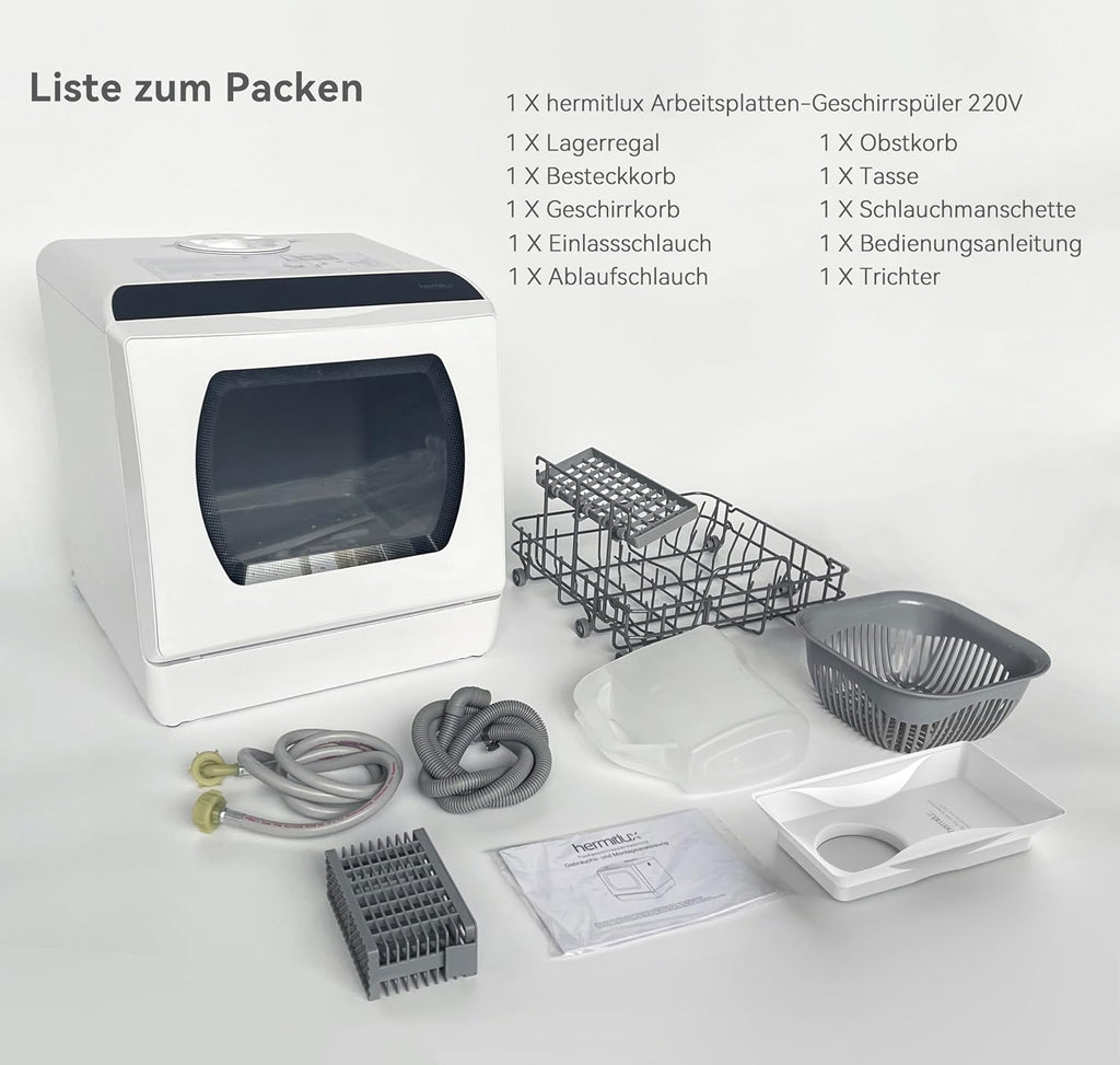 Hermitlux Mini Lavavajillas de Sobremesa para 4 Cubiertos con Depósito de 5 L, Blanco