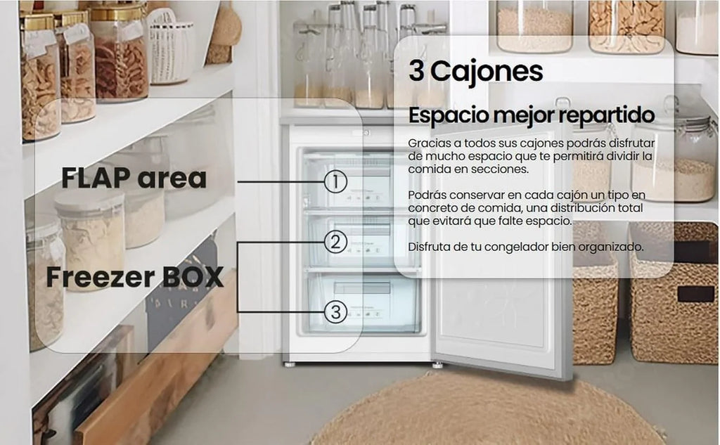 INFINITON CV-A85I Congelador Vertical 80 L, 85 cm, 3 Cajones, Puerta Reversible, Inox
